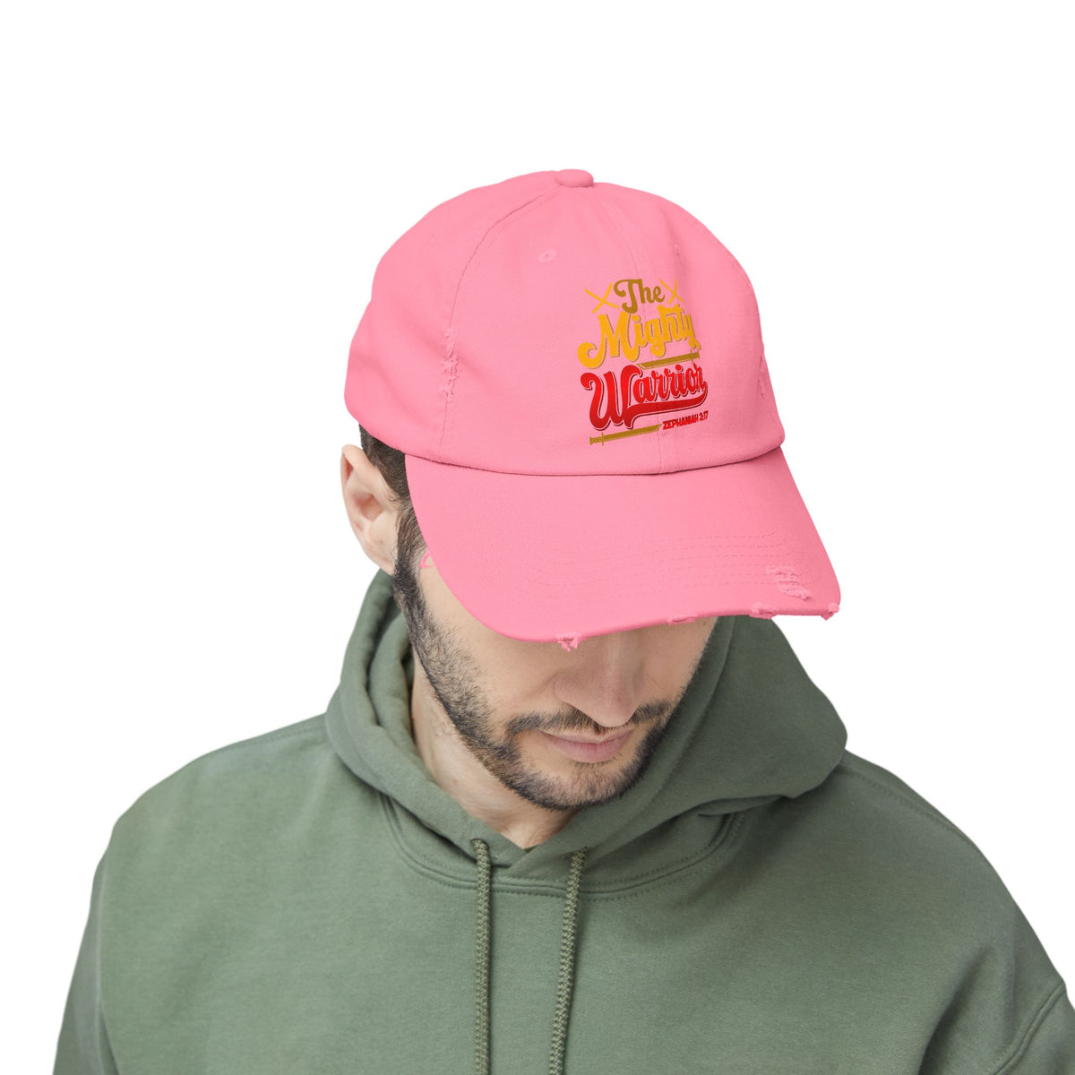 The Mighty Warrior Zephaniah 3:17 Unisex Distressed Cap, Comic Design