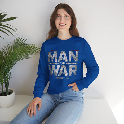 Man Of War Exodus 15:3 Unisex Heavy Blend™ Crewneck Sweatshirt, Silver Text