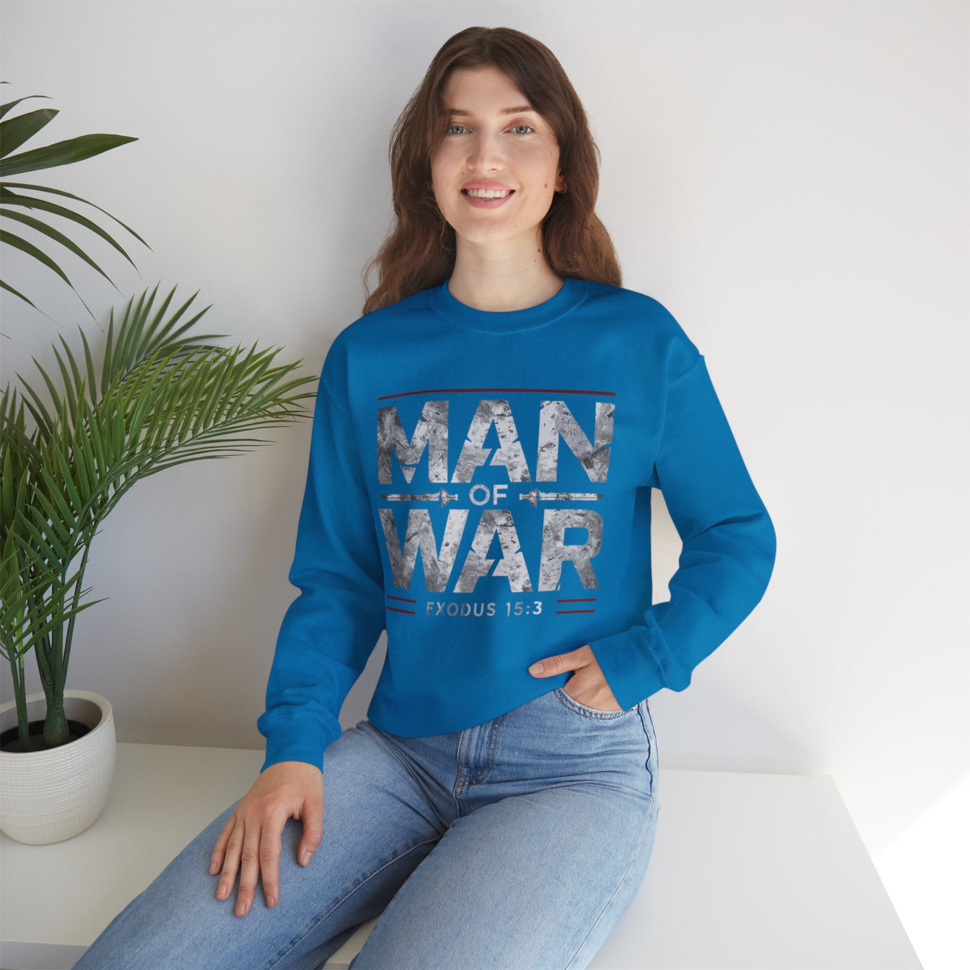 Man Of War Exodus 15:3 Unisex Heavy Blend™ Crewneck Sweatshirt, Silver Text