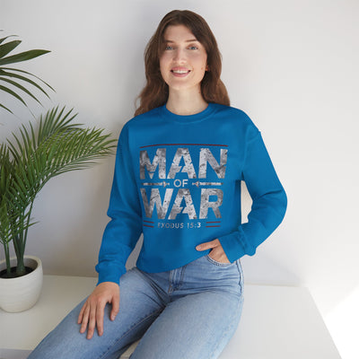 Man Of War Exodus 15:3 Unisex Heavy Blend™ Crewneck Sweatshirt, Silver Text