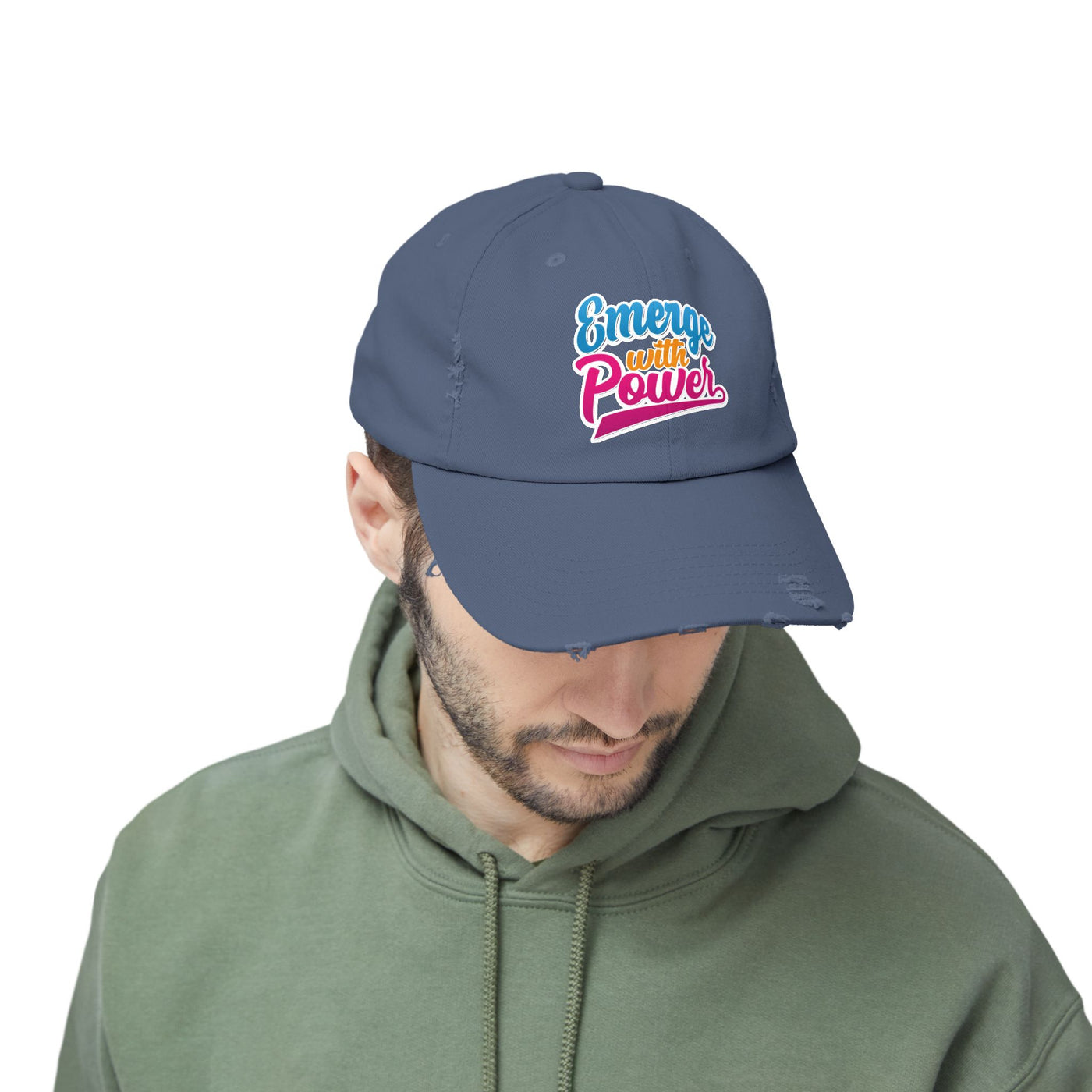 Emerge With Power Unisex Distressed Cap, Cartoon Design