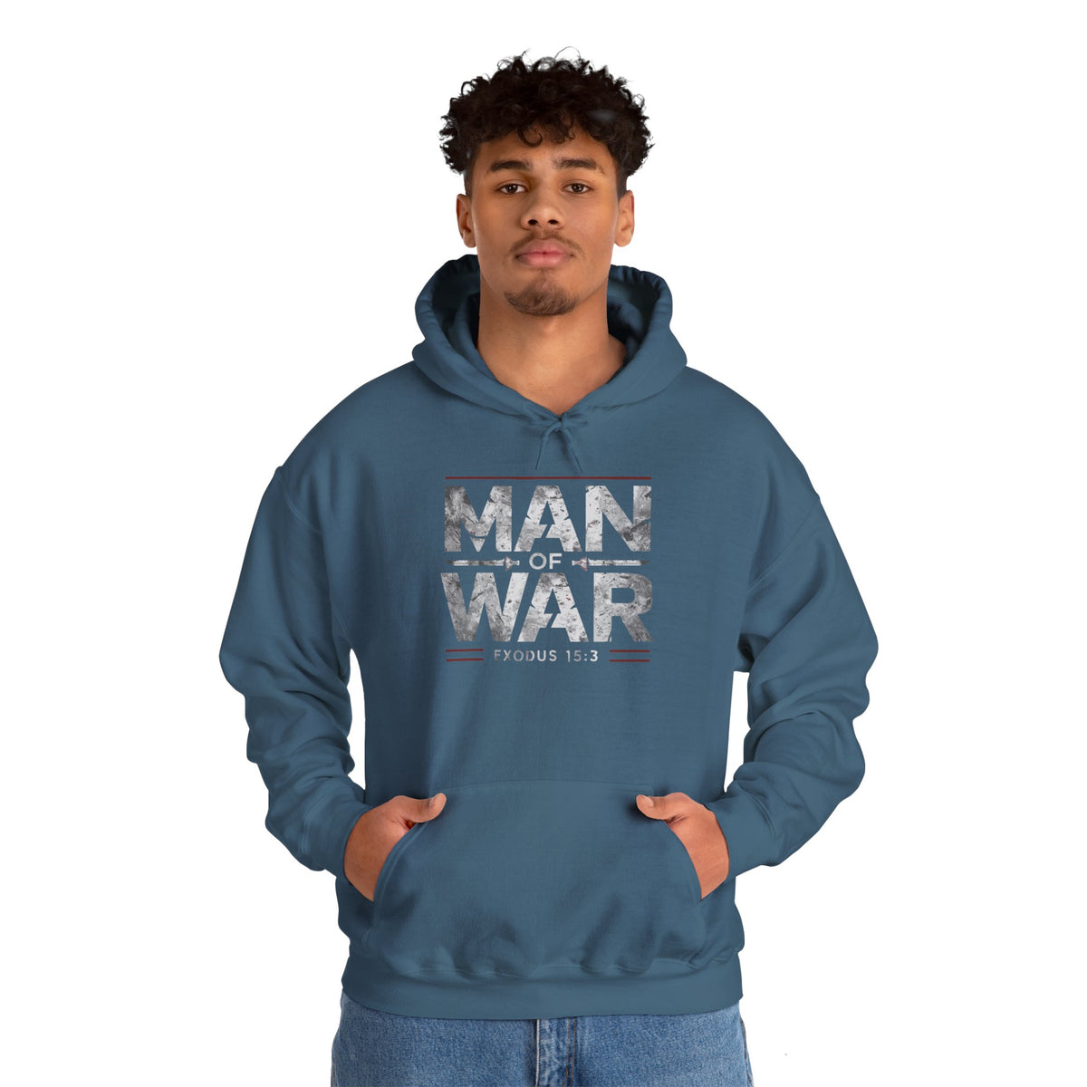 Man Of War Exodus 15:3 Unisex Heavy Blend™ Hooded Sweatshirt, Silver Texts