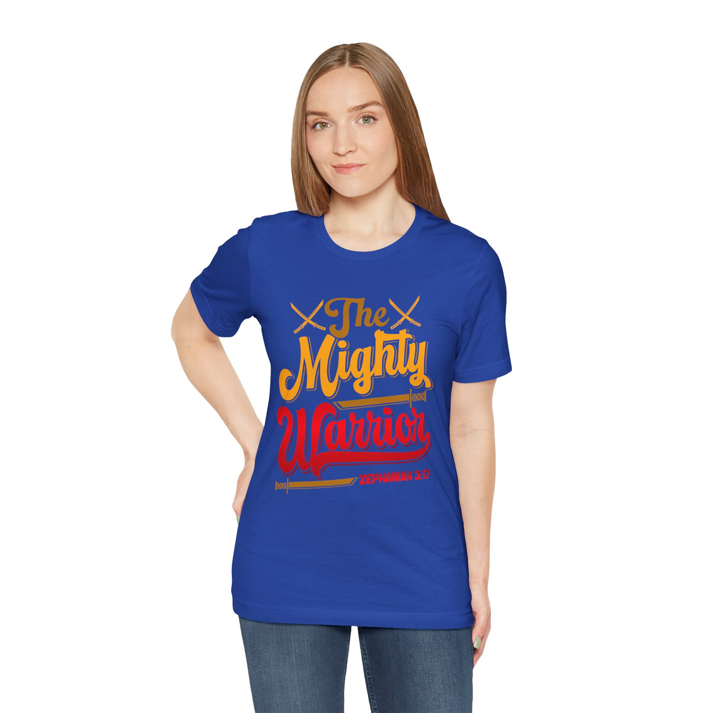 The Mighty Warrior Zephaniah 3:17 Unisex Jersey Short Sleeve Tee, Comic Design
