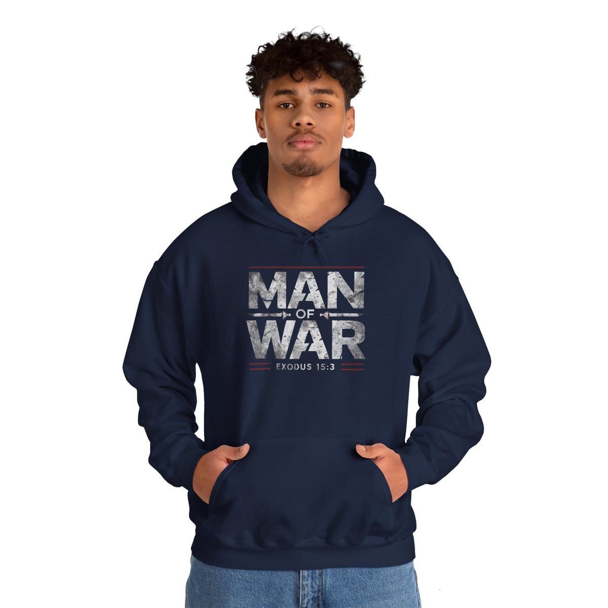 Man Of War Exodus 15:3 Unisex Heavy Blend™ Hooded Sweatshirt, Silver Texts