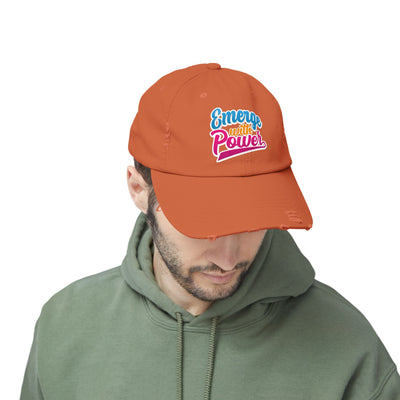 Emerge With Power Unisex Distressed Cap, Cartoon Design