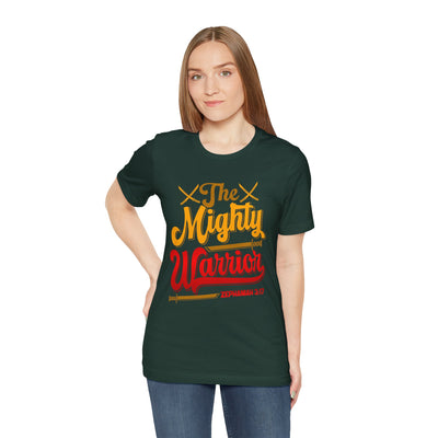 The Mighty Warrior Zephaniah 3:17 Unisex Jersey Short Sleeve Tee, Comic Design