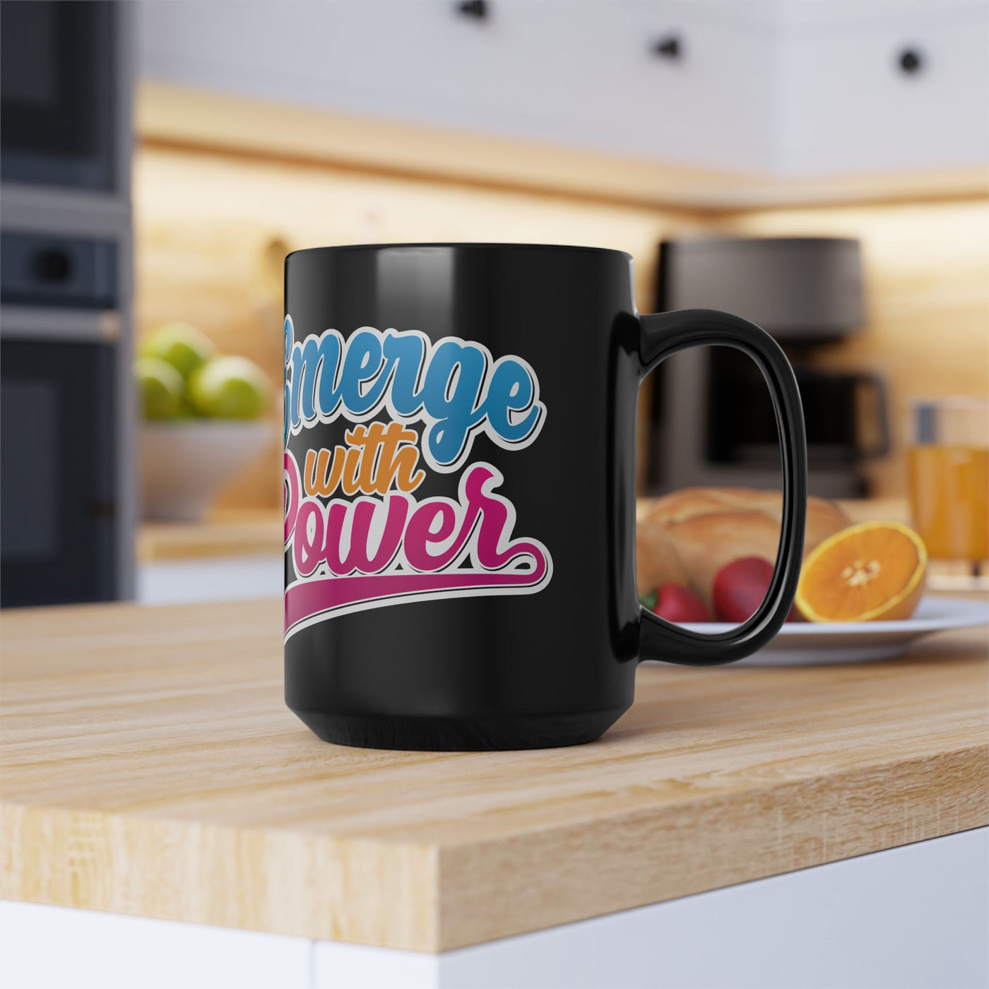 Emerge With Power Black Mug (11oz, 15oz), Cartoon Design