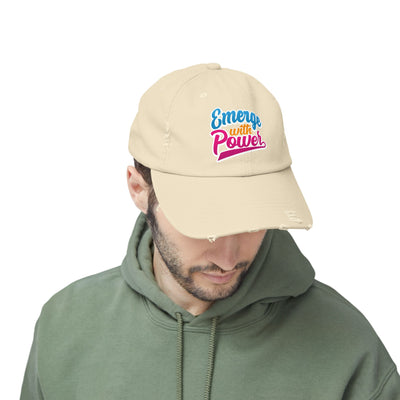 Emerge With Power Unisex Distressed Cap, Cartoon Design