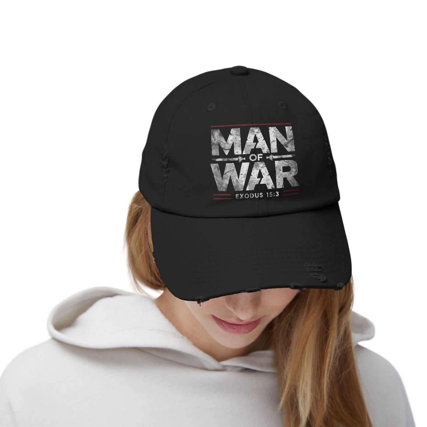 Man Of War Unisex Distressed Cap, Silver Text Design