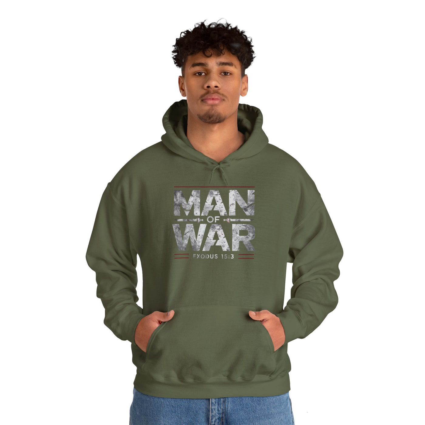 Man Of War Exodus 15:3 Unisex Heavy Blend™ Hooded Sweatshirt, Silver Texts