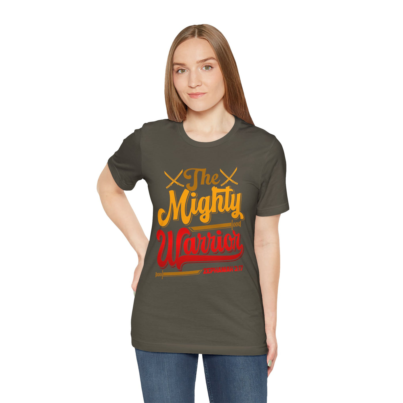 The Mighty Warrior Zephaniah 3:17 Unisex Jersey Short Sleeve Tee, Comic Design