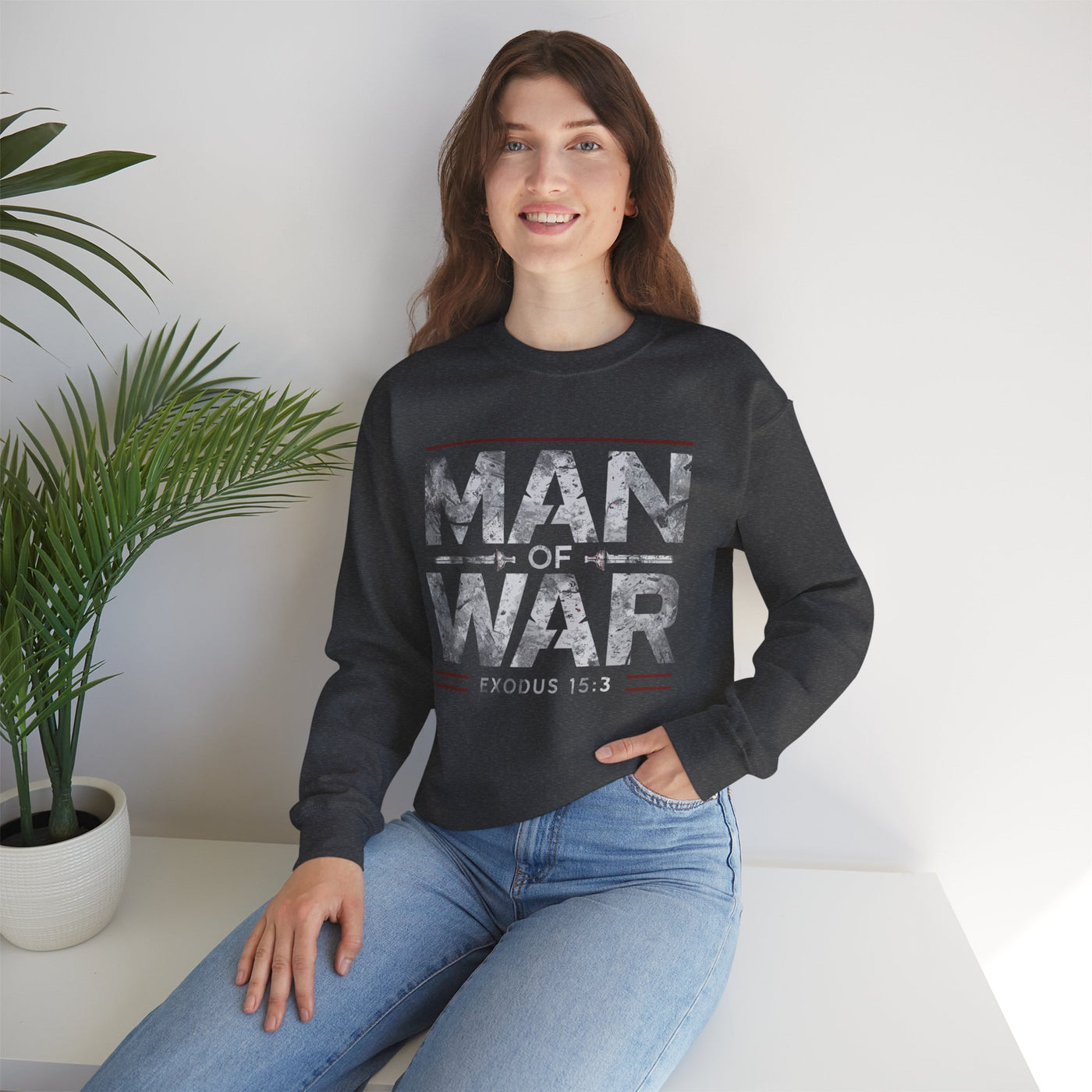 Man Of War Exodus 15:3 Unisex Heavy Blend™ Crewneck Sweatshirt, Silver Text