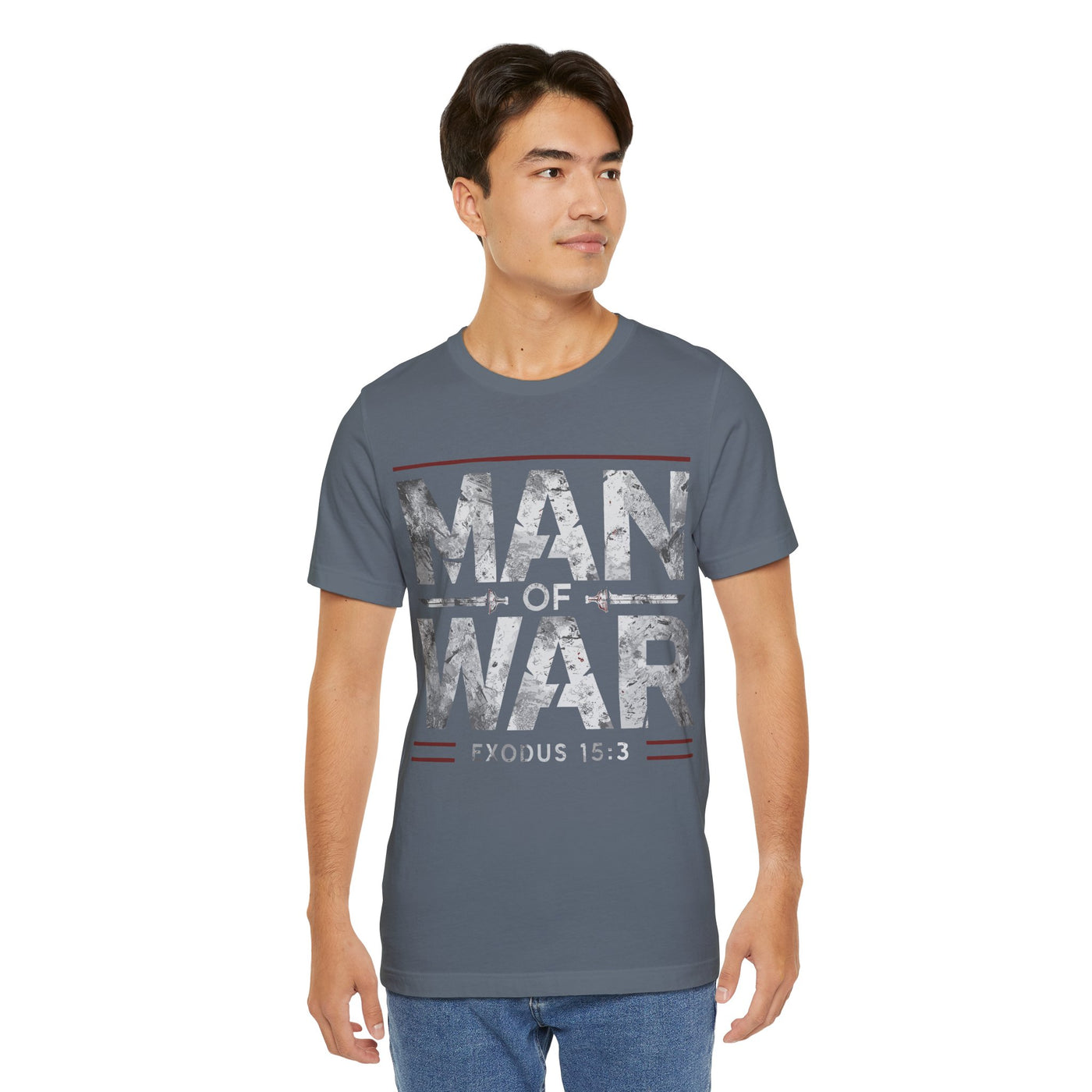 Man Of War Unisex Jersey Short Sleeve Tee, Silver Text Design