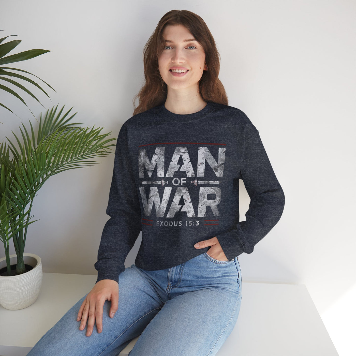 Man Of War Exodus 15:3 Unisex Heavy Blend™ Crewneck Sweatshirt, Silver Text