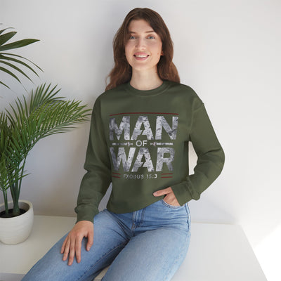 Man Of War Exodus 15:3 Unisex Heavy Blend™ Crewneck Sweatshirt, Silver Text
