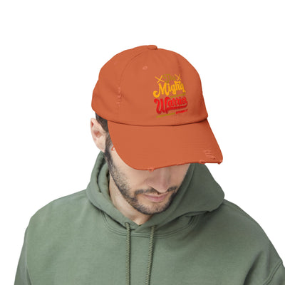 The Mighty Warrior Zephaniah 3:17 Unisex Distressed Cap, Comic Design