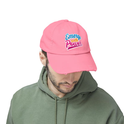 Emerge With Power Unisex Distressed Cap, Cartoon Design