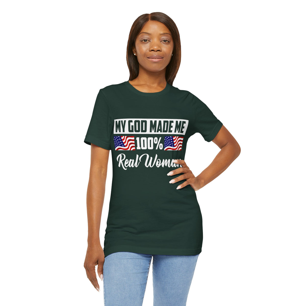 My God Made Me 100% Real Woman Jersey Short Sleeve Tee, American Flag Designs